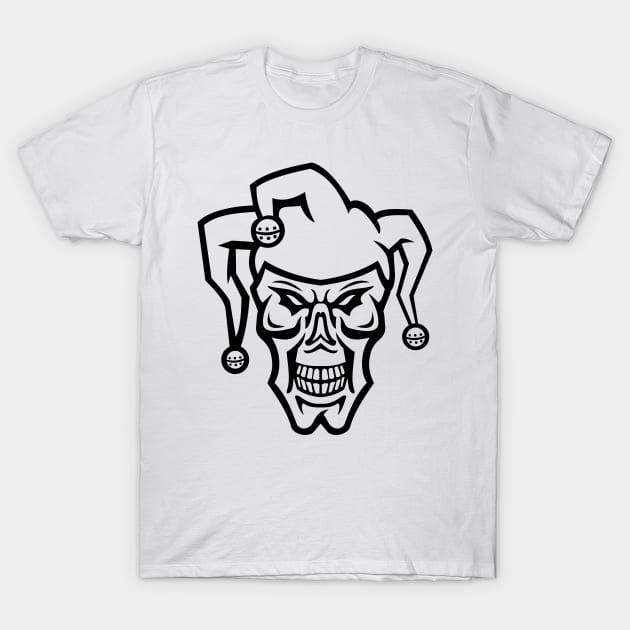 Head of a Court Jester or Joker Skull Skull Front View Mascot Black and White T-Shirt by patrimonio